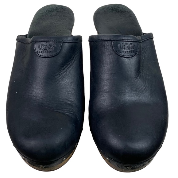 UGG Abbie Sz 9 Wooden Platform Clogs Mules Shoes Black Leather Fur Lined Studded - Picture 5 of 12